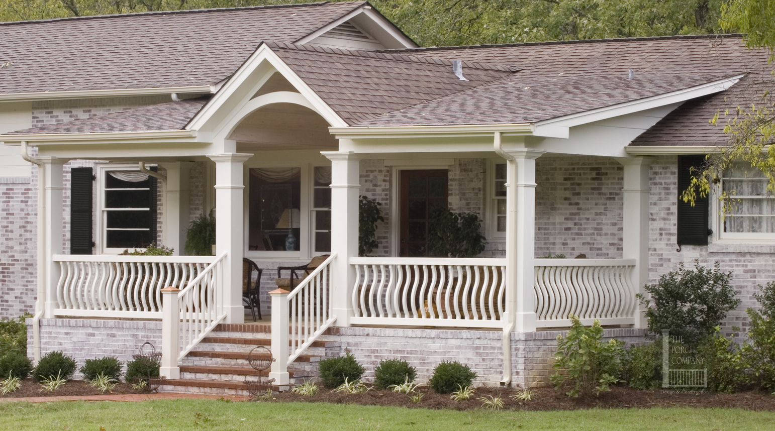 The open porch below has a combination shed/gable roof. The gable 