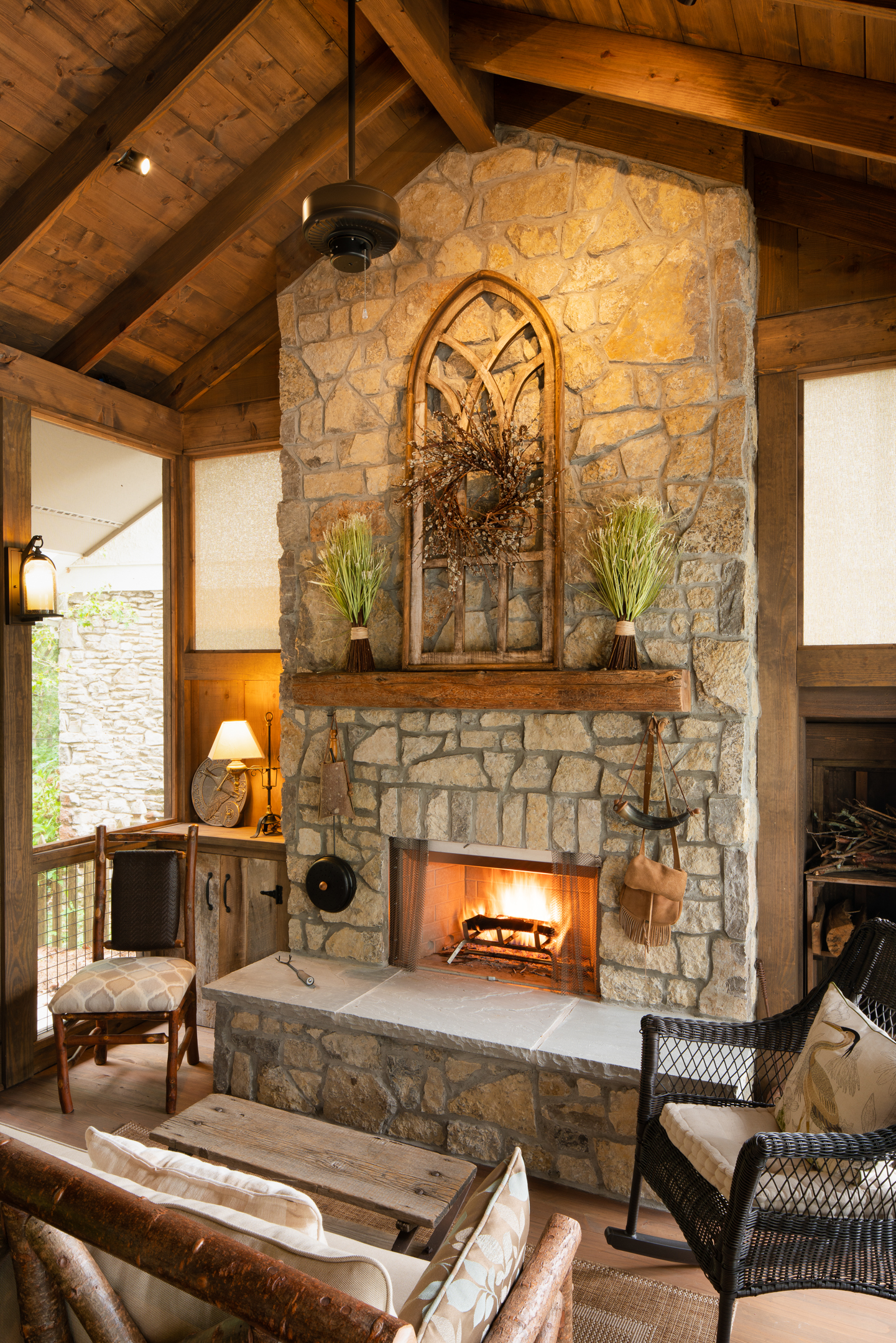 porch-screened-interior-fireplace-hearth-mantel-stone-hil ...