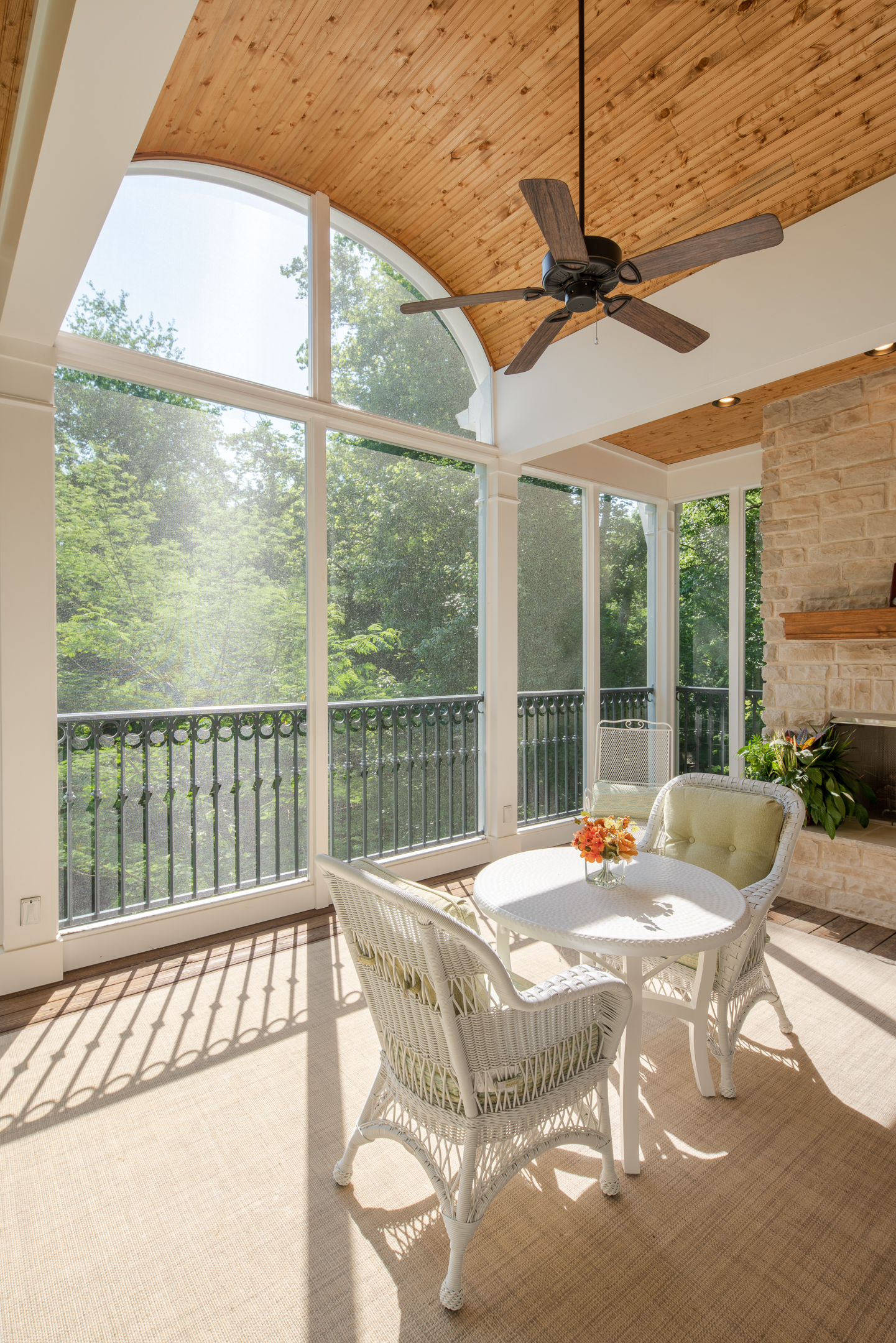 Vaulted barrel beadboard screened porch ceiling