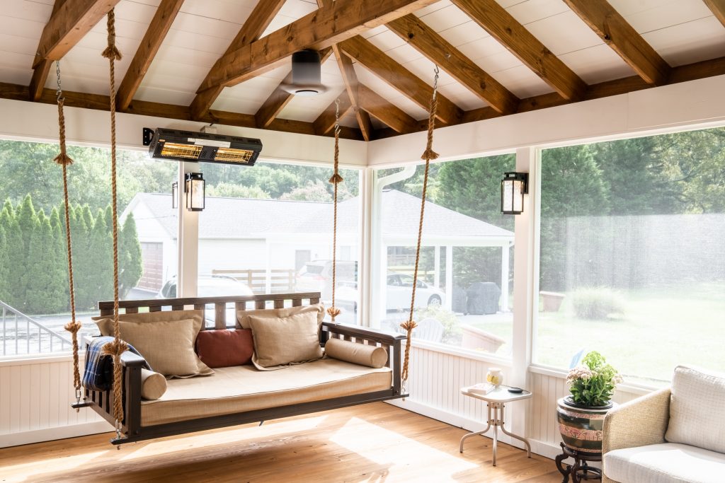 Screened porch with low beadboard interior kneewall