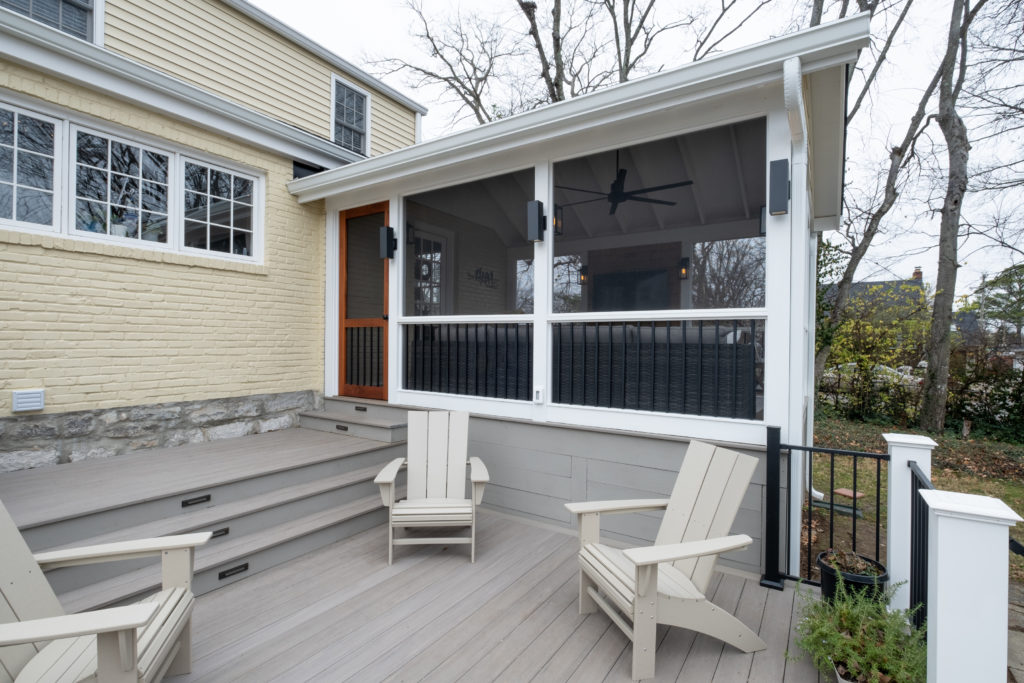 porch-screened-deck-stairs-landing-screen-door-columns-aluminum-picket-gable