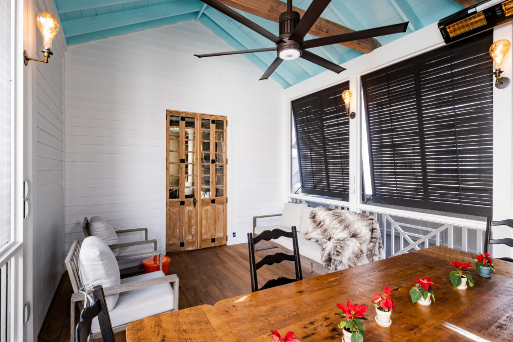 porch-screened-interior-southern-cross-heaters-fan-blue-ceiling-reclaimed-doors